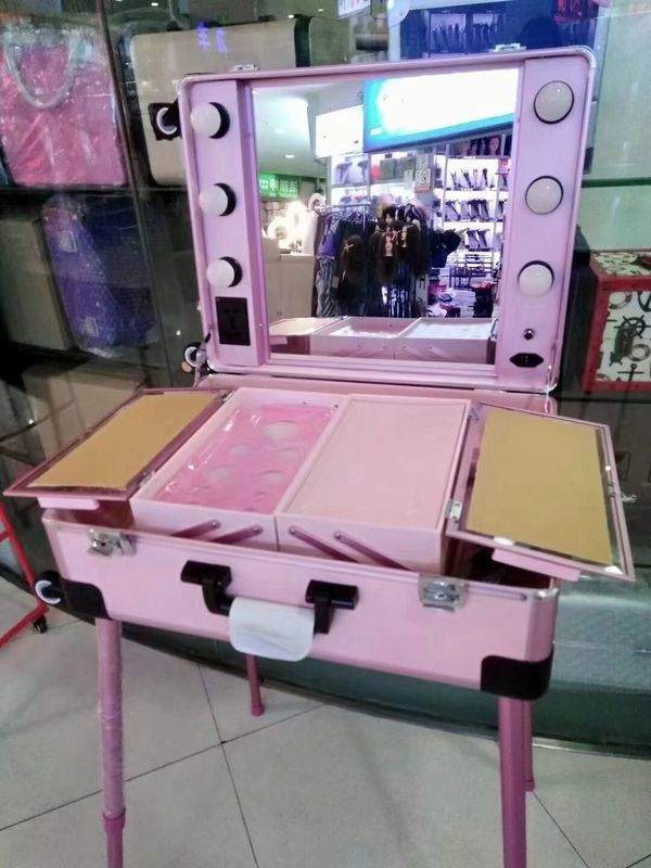 Schminkkoffer verstellbares Stehen Beine Schwergewicht Koffer Led Lichtspiegel Kosmetik Rollende 4 Räder Trolley Schminkkoffer