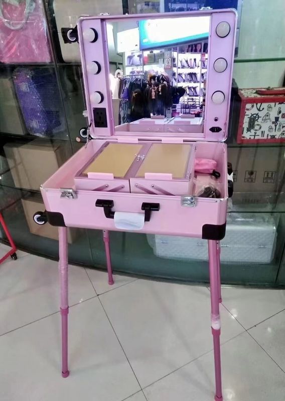 Schminkkoffer verstellbares Stehen Beine Schwergewicht Koffer Led Lichtspiegel Kosmetik Rollende 4 Räder Trolley Schminkkoffer