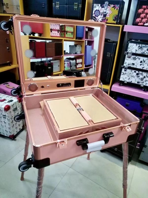 Schminkkoffer verstellbares Stehen Beine Schwergewicht Koffer Led Lichtspiegel Kosmetik Rollende 4 Räder Trolley Schminkkoffer