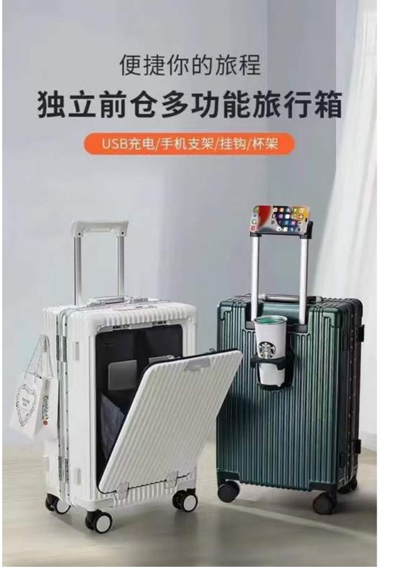 24-Zoll-Koffer mit offenem Hard Shell Aluminium-Rahmen mit USB-Ladestation TSA-Sperre Taschenhalter und mittlerem Telefonhalter